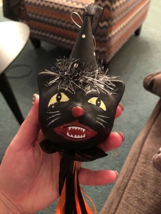 Vintage - Style Primitive Halloween Black Cat Head & Ribbon Folk Art Halloween