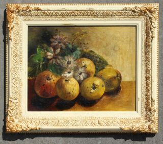 19th Century English School Oil On Canvas Still Life Fruit Flowers Oil Painting