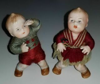 Antique Heubach Bisque Girl/boy Yarn Clothes Action Immobile Babies Germany