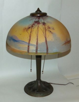 ANTIQUE C1907 ART DECO Reverse Painted Lamp BRONZE BASE. 2