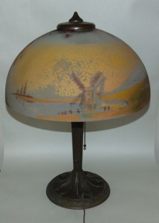 ANTIQUE C1907 ART DECO Reverse Painted Lamp BRONZE BASE. 7