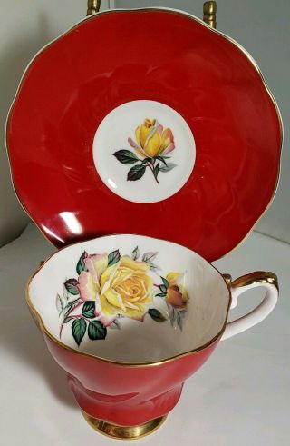 Royal Grafton English Bone China Red Teacup And Saucer Yellow Rose Gold Accents