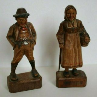 Lady And Gentleman,  Ca.  10.  5cm Black Forest (?) Carved Painted Figures.