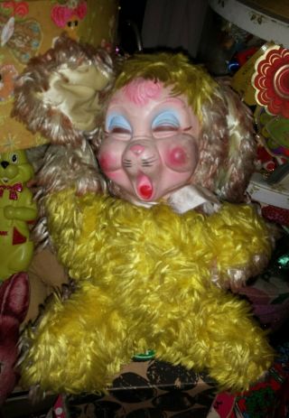 Vintage Rushton Rubber Face Faced Yellow & Pink Plush Rabbit Easter Bunny No Tag