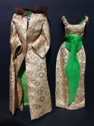 Vintage Barbie Golden Glory 1645 (1965 - 1966) Gold Green Gown & Coat Fur Chiffon