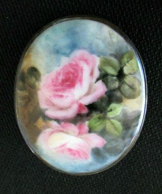 Lovely Antique Handpainted Floral Ceramic Brooch Pin