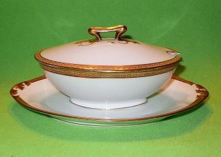 Antique M De M Limoges Old Abbey Pattern Covered Sauce Boat & Underplate.  Heavy