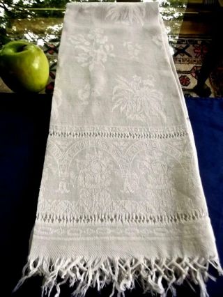Antique Victorian Linen Bath Spa Show Towel 23x42 Floral Damask Drawnwork Fringe