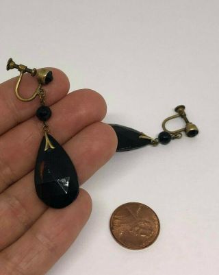 Antique Victorian Screw - Back Mourning Earrings Dangle French Jet Czechoslovakia