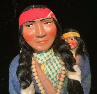 Vintage Skookum Indian Doll - Squaw With Papoose & Beads With Headdress