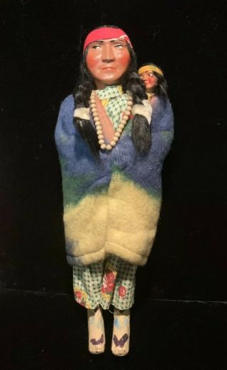 Vintage Skookum Indian Doll - Squaw with papoose & Beads with Headdress 2