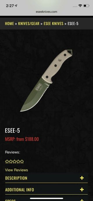 Slightly Esee Model 5 Knife 1095 Carbon Steel Msrp Is 200$,  For This Knife