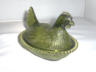 Vintage Olive Green Hen Chicken Bowl Dish With Lid Indiana Glass? No Chips