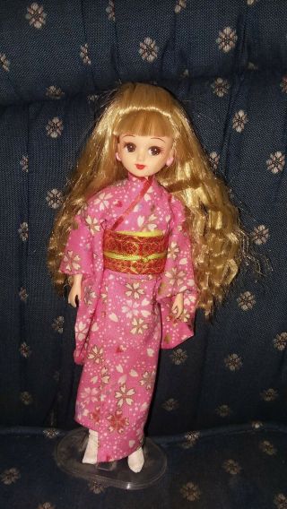 Vintage Takara Japan 9 " Doll With Stand Blond Kimono