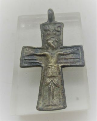 Ancient Byzantine Silver Religious Crucifix Cross Pendant W/ Depiction Of Chris