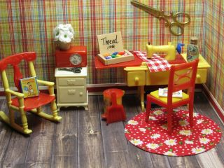 Renwal Complete Sewing Room,  Vintage Plastic Dollhouse Furniture Ideal Plasco