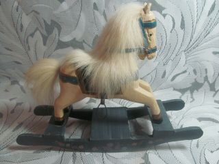 Small Antique Hand Painted Carved Wood Rocking Horse Animal Fur Mane & Tail