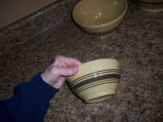 Antique Yellow Ware Mixing Bowl Stoneware Brown Bands Primitive 6 1/4 Inch