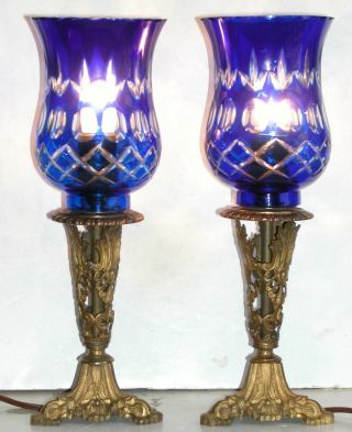 Pair Antique Figural Egyptian Candlesticks Lamps Bohemian Blue Cut Clear Shades