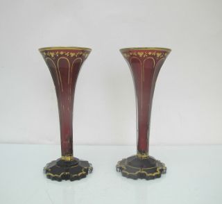 Antique Ruby Red Gold Gilt Bohemian Glass Vase Pair