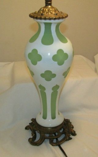 Rare Antique Sandwich Glass Cut Overlay Table Lamp White To Lime Green
