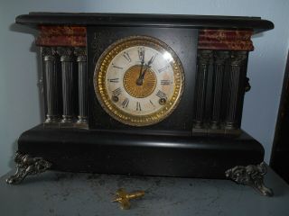 Antique Sessions 8 - Day Mantle Clock W Orig.  Pendulum & Key