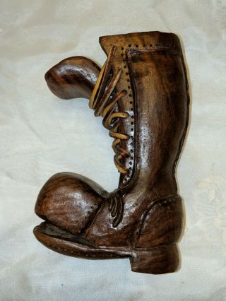 Hand Carved Vtg Large Laced Wood Boot Folk Art,  Fine Details,