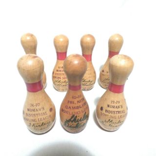 7 - Vintage 1976 - 1983 Miniature Wood Trophy Award Bowling Pins For High Games