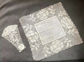 Antique Handmade Jabot Point De Gaze Lace Collar Piece And Lace Handkerchief