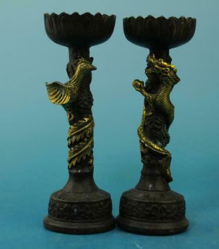 A Pair Chinese Old Hand - Carved Copper Gilding Longfengs Tatue Candlestick E02