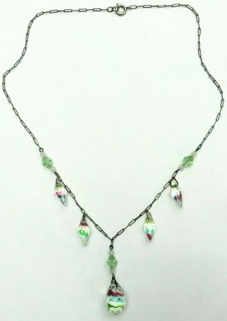 Antique Art Deco Iris Rainbow Crystal Drop Paperclip Chain Necklace