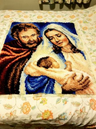 Vintage Latch Hook Rug Holy Family Joseph Mary Christmas Complete