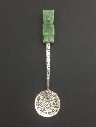 Vintage Sterling Silver Mexico Spoon Jade Tiki God And Aztec Calendar