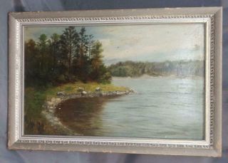 Antique American Michigan Americana Lake Trees Landscape Oil Painting Art Signed