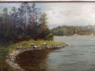 Antique American Michigan Americana Lake Trees Landscape Oil Painting Art Signed 5
