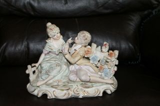 Vintage Victorian Woman And Man Porcelain Figurine With Music Box And Light
