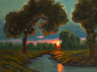 Oil Painting Landscape Western Art Antique Vintage Sunset 3 Max Cole