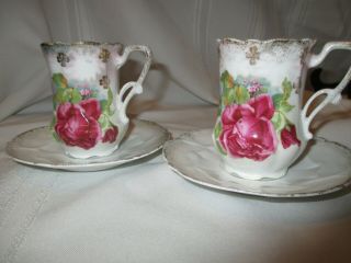 2 Vintage Country Roses Demitasse Cups & Saucers.  Gold Trim