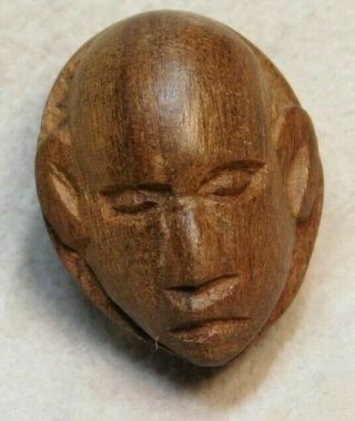Antique Vtg Button Hand Carved Wood Mask 7/8 S