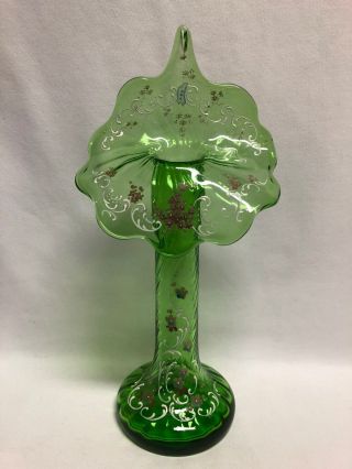 Antique Bohemian Czech Floral Enameled Green Jack In Pulpit Jip Vase 13.  5 "
