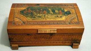 Vintage Cedar Wood Carved Jewelry Box - Horse Riders & Dogs,  Carved Feet/handles