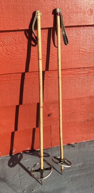 Old Antique Bamboo Ski Poles 36 " Long Leather Baskets 5 " Metal Rings Decor