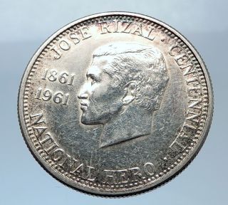1961 Philippines With Jose Rizal Nationalist Antique Silver 1/2 Peso Coin I72428