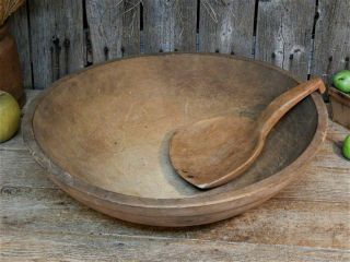 Best Early Antique Primitive Wood Dough Bowl W/ Rim & Scoop Aafa 15 "