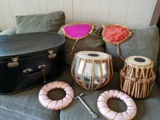 Antique India Tabla Drums With Accessories And Case
