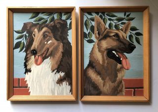 2 Vintage 60’s Paint By Number Pictures Collie And German Shepherd 11” X 15”