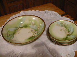 Antique Coronet Limoges France Signed Lily Of The Valley Serving Bowl & 6 Plates