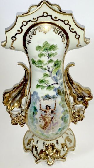 Antique Old Paris Porcelain French Woman On Swing Large 15.  25 " Gold Trim Vase
