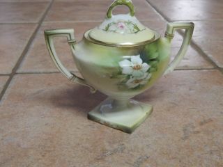 Antique R S Prussia White Rose Hp Porcelain Pedestal Sugar Bowl With Lid