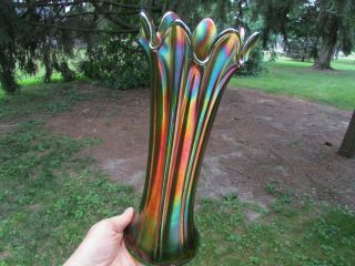 Northwood Thin Rib Antique Carnival Art Glass Mid - Sized Vase Green Spectacular